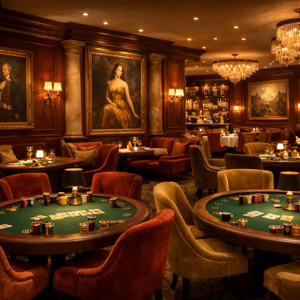 Salon de restaurant élégant avec tables de poker, fauteuils en velours et œuvres d'art