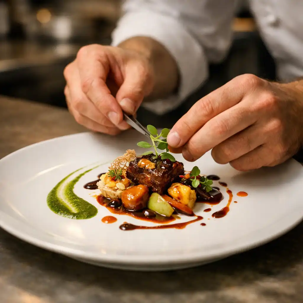Mains d'un chef dressant un plat gastronomique avec des touches de sauce artistiques