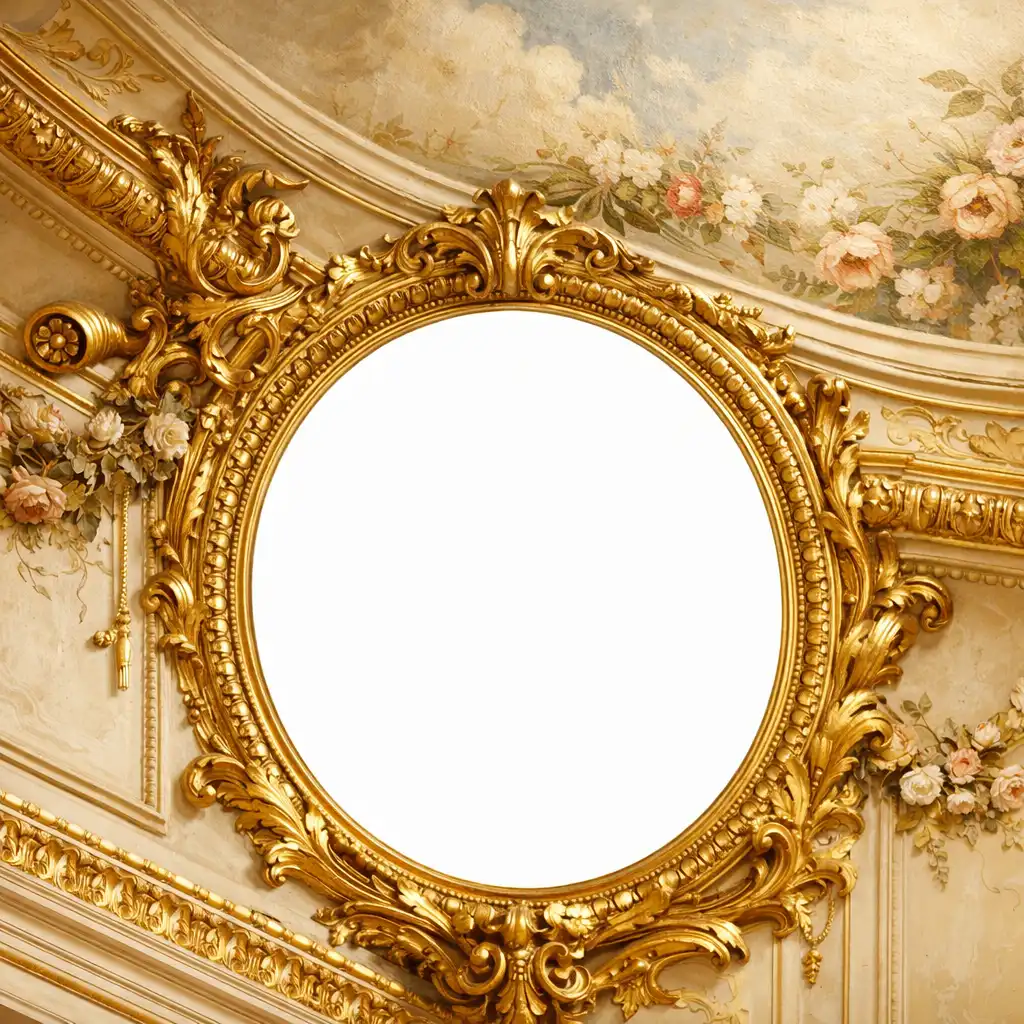 Détail architectural classique avec moulure dorée et fresque au plafond