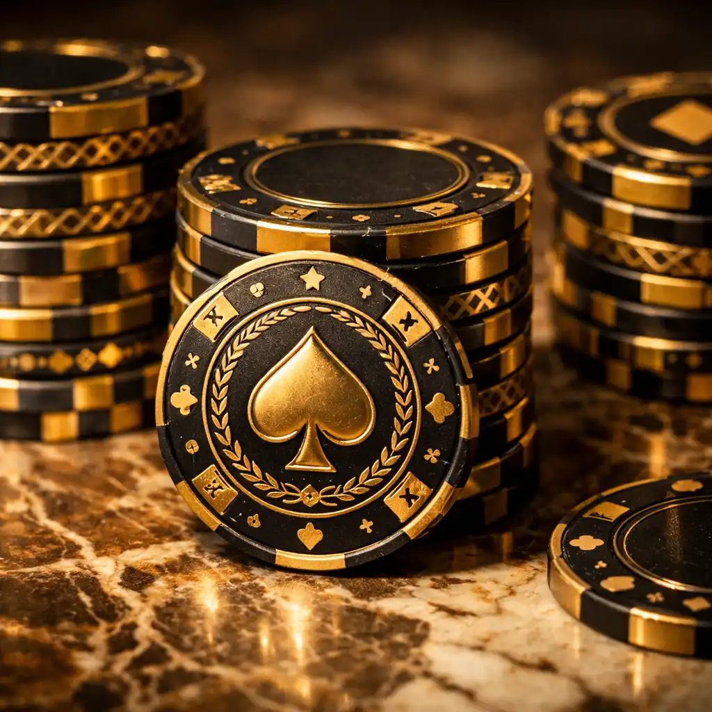 Gros plan sur des jetons de poker empilés avec motifs dorés sur table en marbre