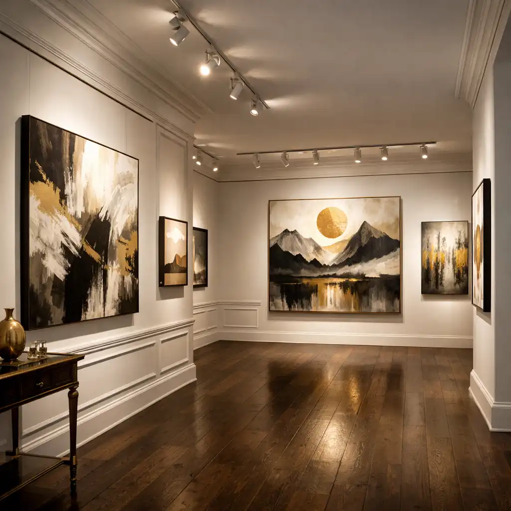 Intérieur de la galerie d'art avec cimaises blanches et éclairage directionnel sur des tableaux contemporains