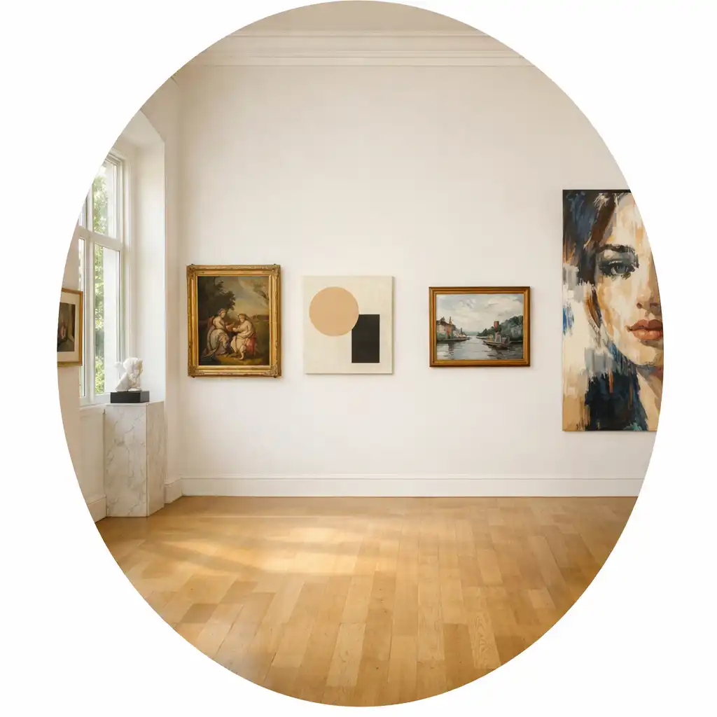 Galerie d'art lumineuse avec œuvres classiques et contemporaines