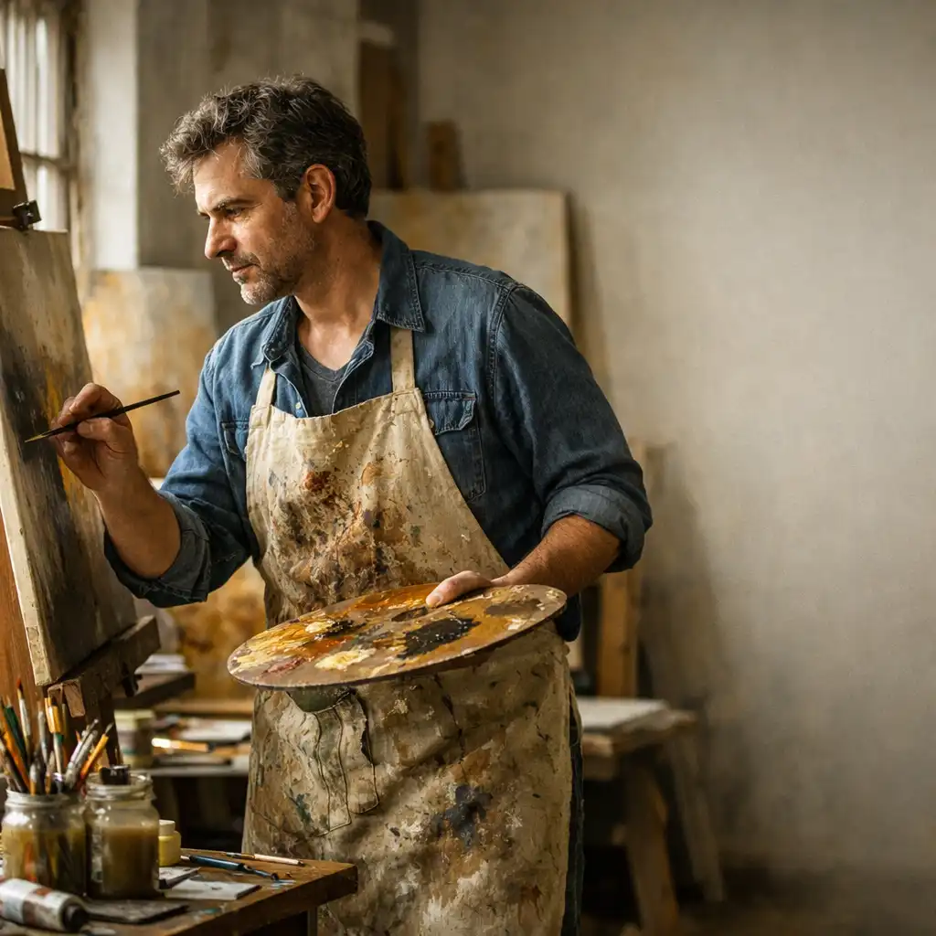 Artiste peintre en train de travailler dans un atelier lumineux, toiles et pinceaux autour, tablier taché de peinture, regard concentré, lumière naturelle de côté