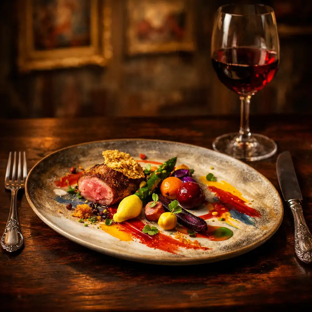 Assiette gastronomique artistiquement dressée sur une table en bois sombre, avec des touches de couleur rappelant une peinture, couverts en argent ancien, verre de vin rouge, fond flou de galerie avec tableaux