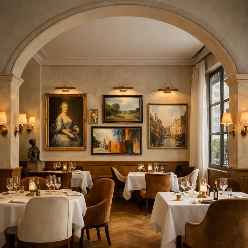 Vue d'une galerie d'art élégante dans un restaurant parisien, murs en marbre clair, tableaux classiques et contemporains accrochés, éclairage chaleureux, parquet en chêne, ambiance feutrée