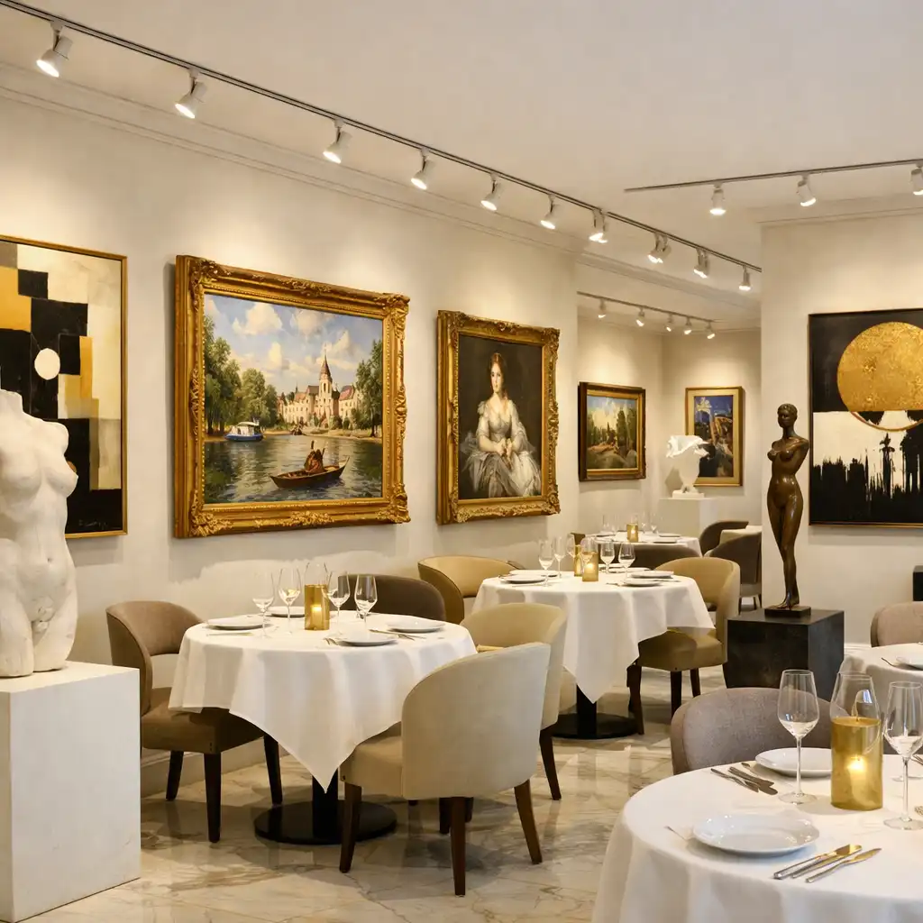 Galerie d'art avec tableaux modernes et classiques, éclairage sur rail et sculptures sur socles