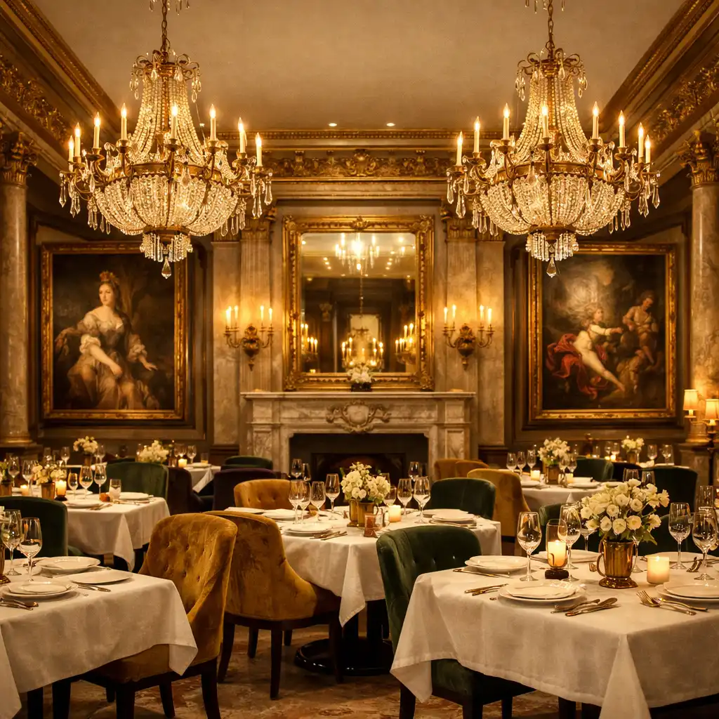 Salle à manger élégante de Maison Bruyère avec tables dressées, chaises en velours et tableaux classiques