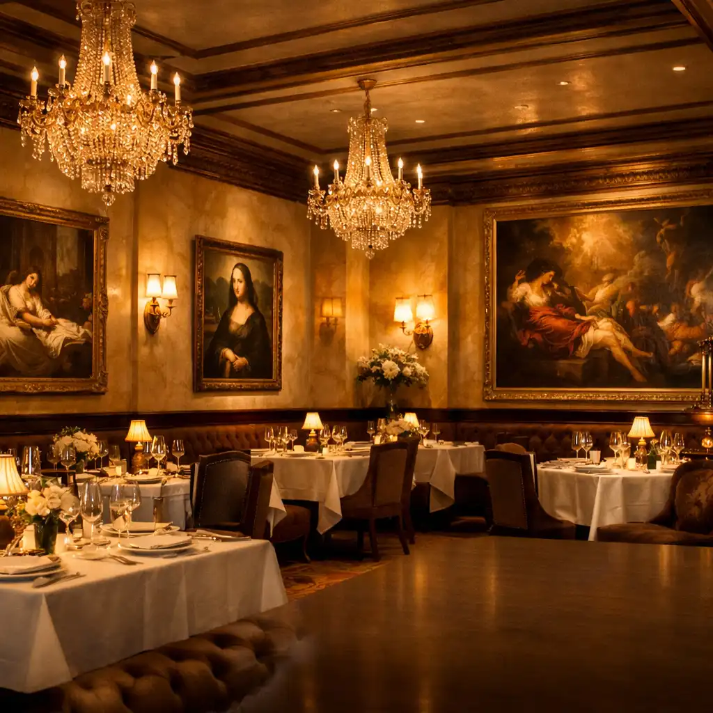 Salle principale de Maison Bruyère avec tables dressées, lustres en cristal et œuvres d'art classiques aux murs