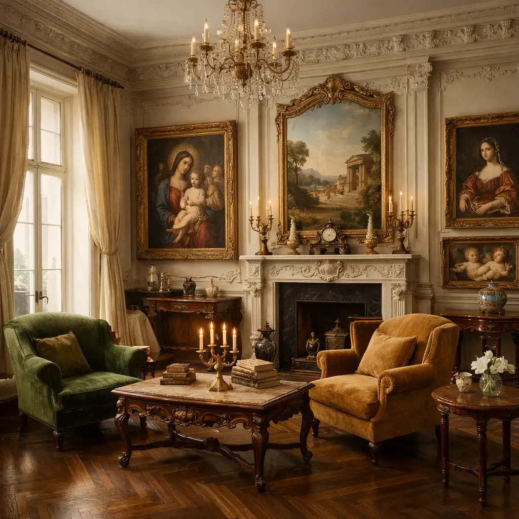 Intérieur classique du salon d'art avec moulures, fauteuils en velours et tableaux anciens