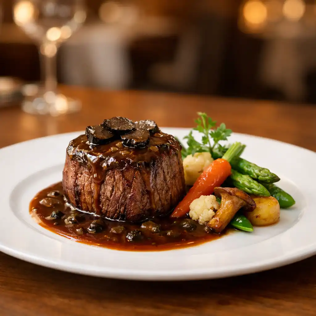 Plat signature de filet de bœuf sauce périgueux avec légumes de saison