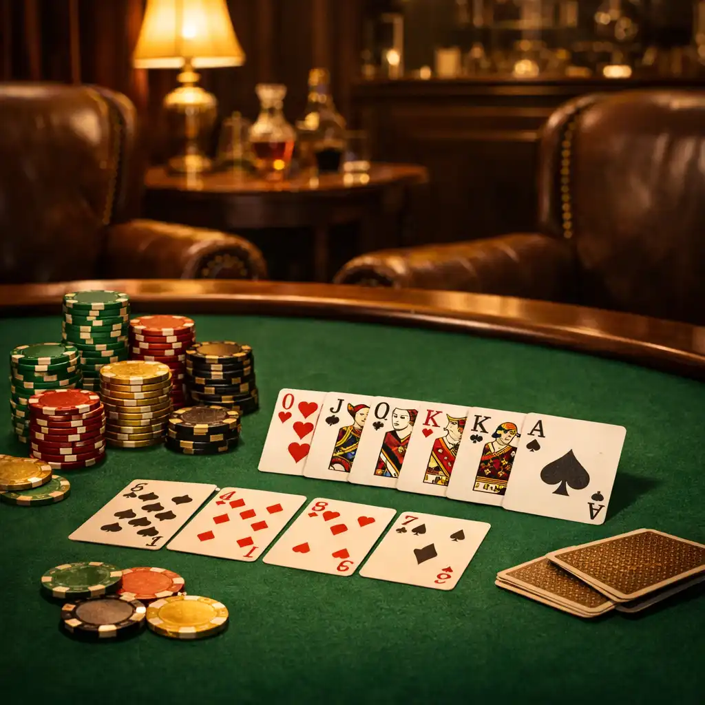 Table de poker en feutre vert avec cartes et jetons dans un salon élégant