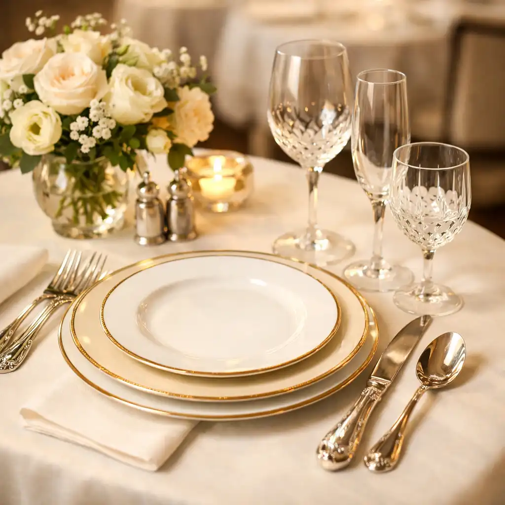 Détail d'une table dressée avec porcelaine, couverts en argent et verres en cristal