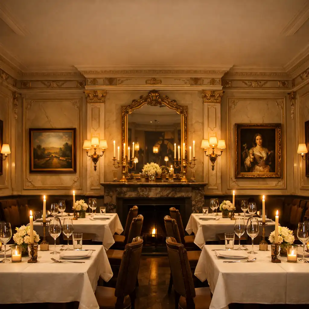 Salle à manger élégante de Maison Bruyère avec tables dressées et chandelles allumées