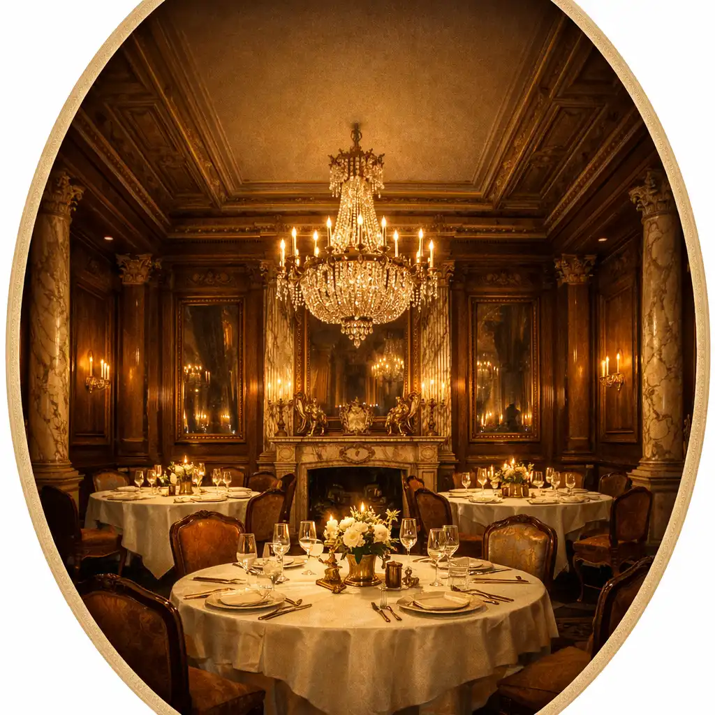 Salle à manger principale de Maison Bruyère avec boiseries chaleureuses et tables dressées