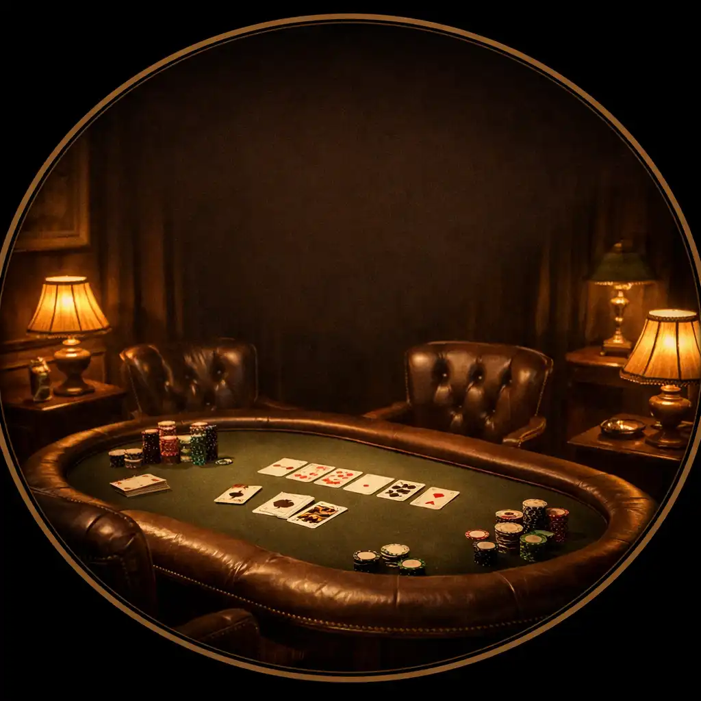 Salon de poker feutré avec table de jeu professionnelle, cartes et jetons