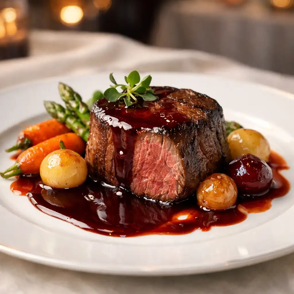 Filet de bœuf avec sauce au vin rouge et légumes glacés