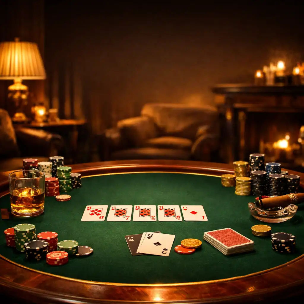 Table de poker élégante dans un salon raffiné avec cartes et jetons