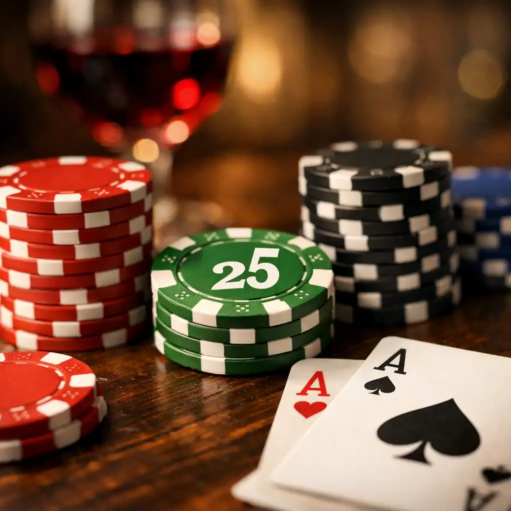 Gros plan sur des jetons de poker et des cartes à jouer sur une table en bois sombre